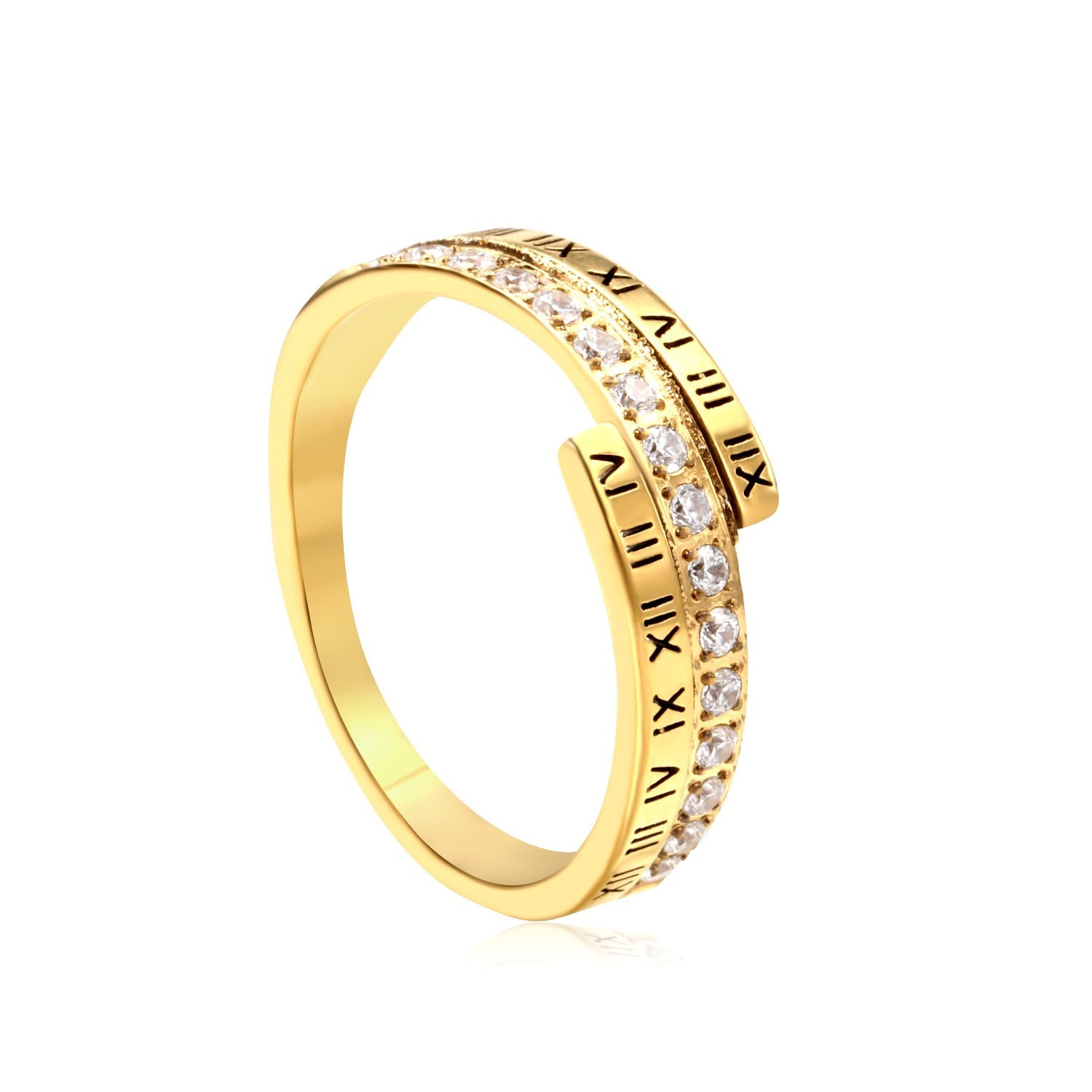 CNC white zirconia + Roman numerals single ring gold color asonjewelry